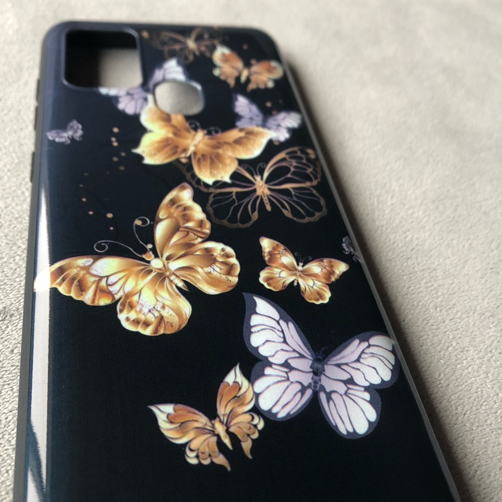 Samsung A21S Silicone Phone Case ~ Black with Gold Butterflies ~ Brand New!